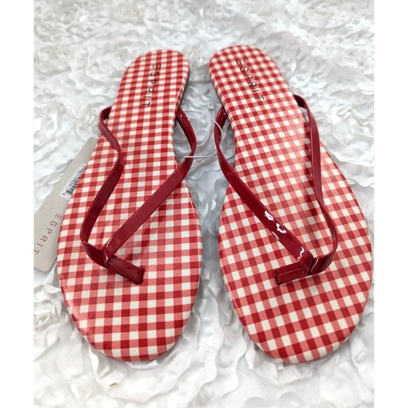 ESPRIT Cute red gingham flip flops‎ NEW $28 Size 9M - Picture 1 of 3